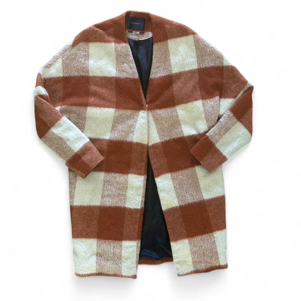 Maison Scotch orange and cream plaid wool blend car coat - size medium